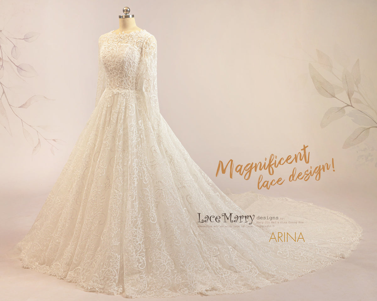 ARINA / A Line Lace Wedding Dress with Long Sleeves