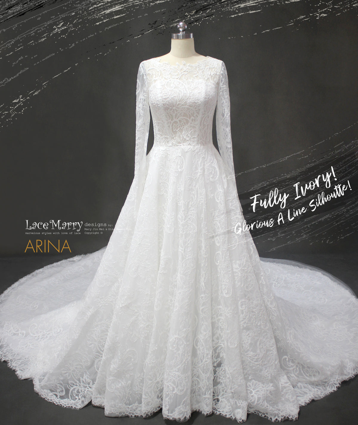 ARINA / A Line Lace Wedding Dress with Long Sleeves