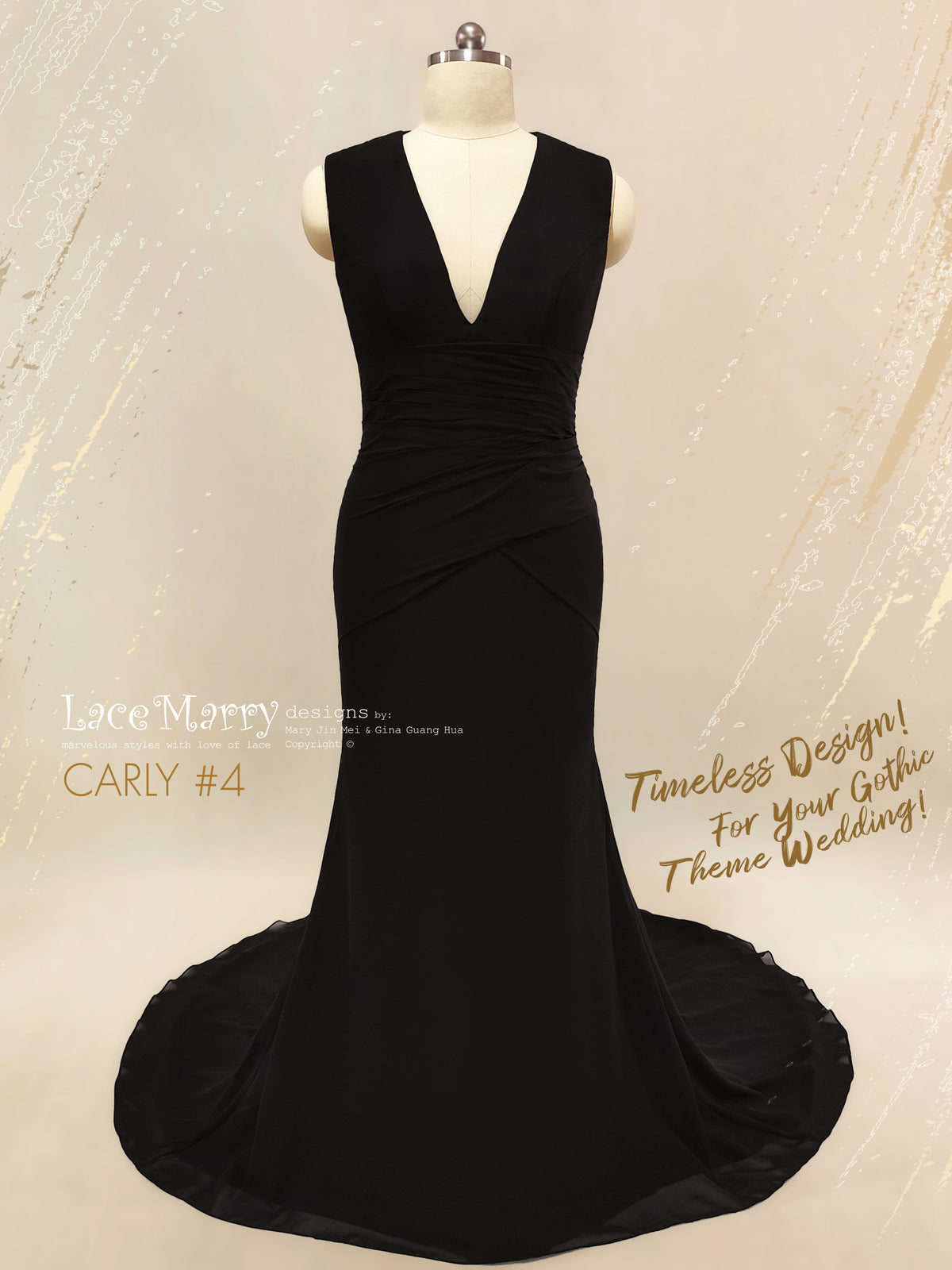 CARLY #4 / Black Wedding Dress with Deep Sexy V-Neck