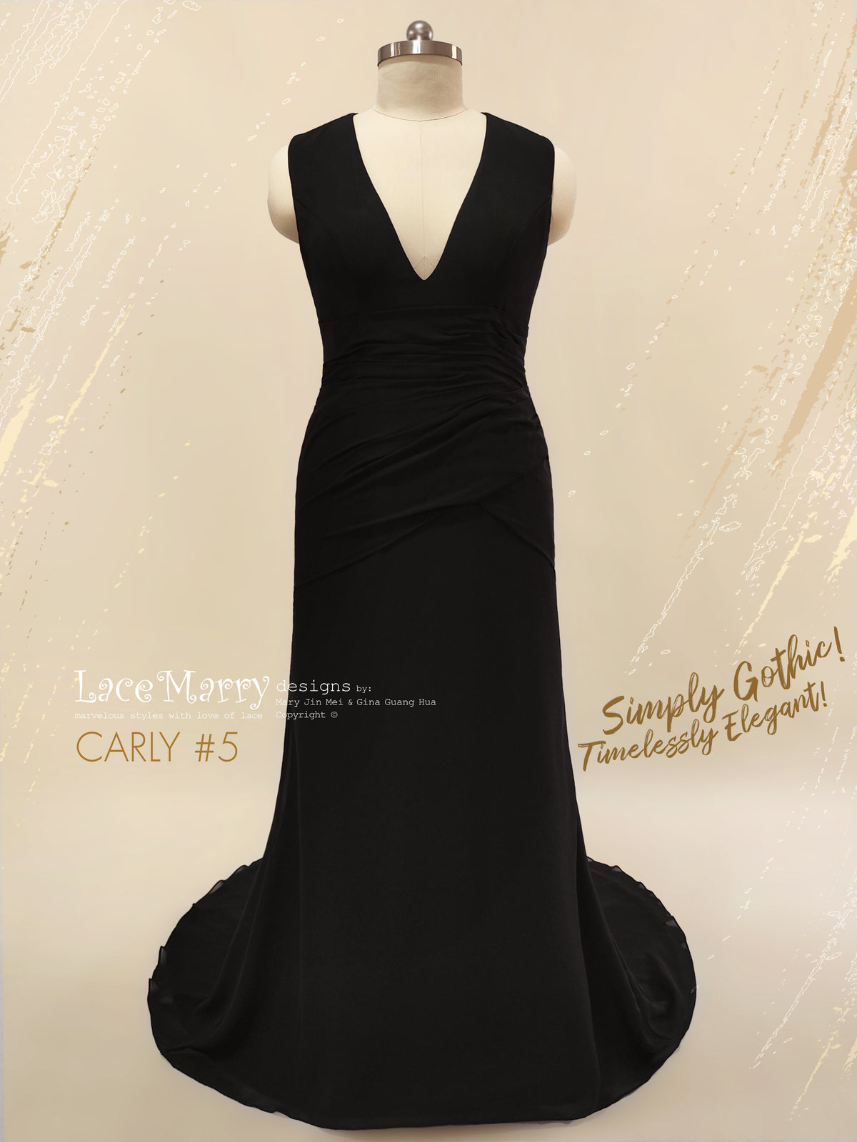 CARLY #5 / Slim A Line Black Wedding Dress with Deep Sexy V-neck