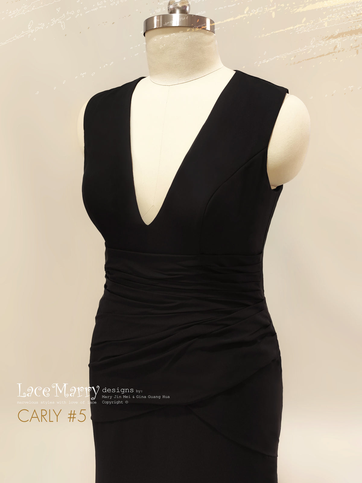 CARLY #5 / Slim A Line Black Wedding Dress with Deep Sexy V-neck