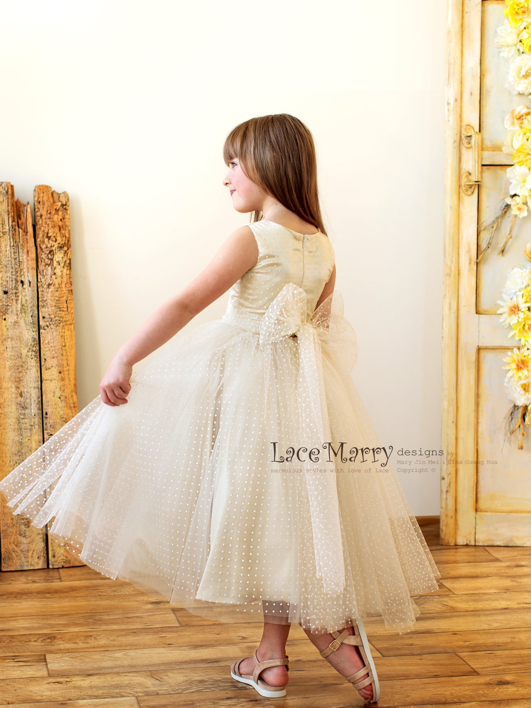 Flower Girl Dress, Ivory Gold Flower Girl Dress,flower Girl