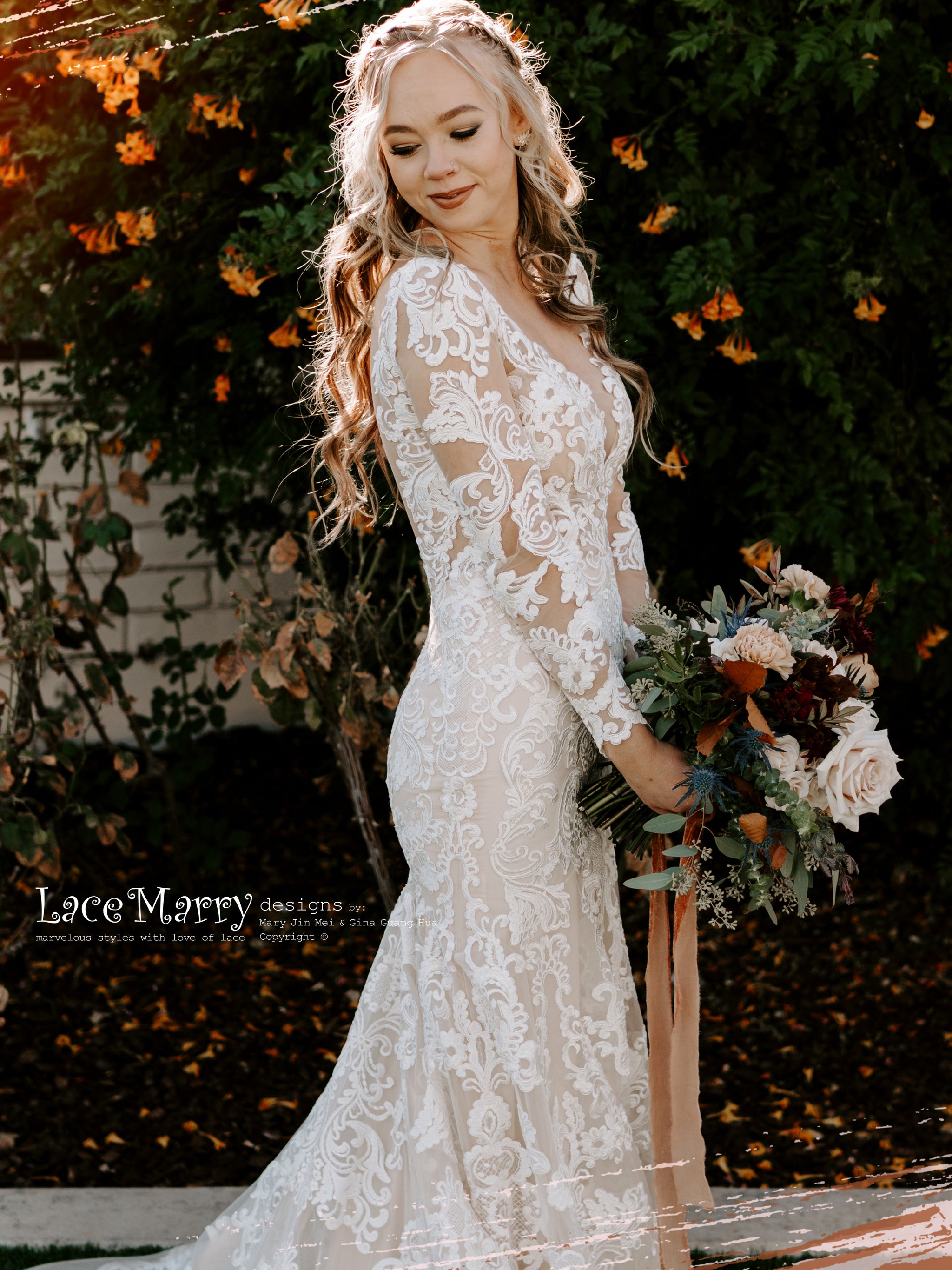 SKYE / Gorgeous Fitted Lace Wedding Dress with Long Sleeves - LaceMarry