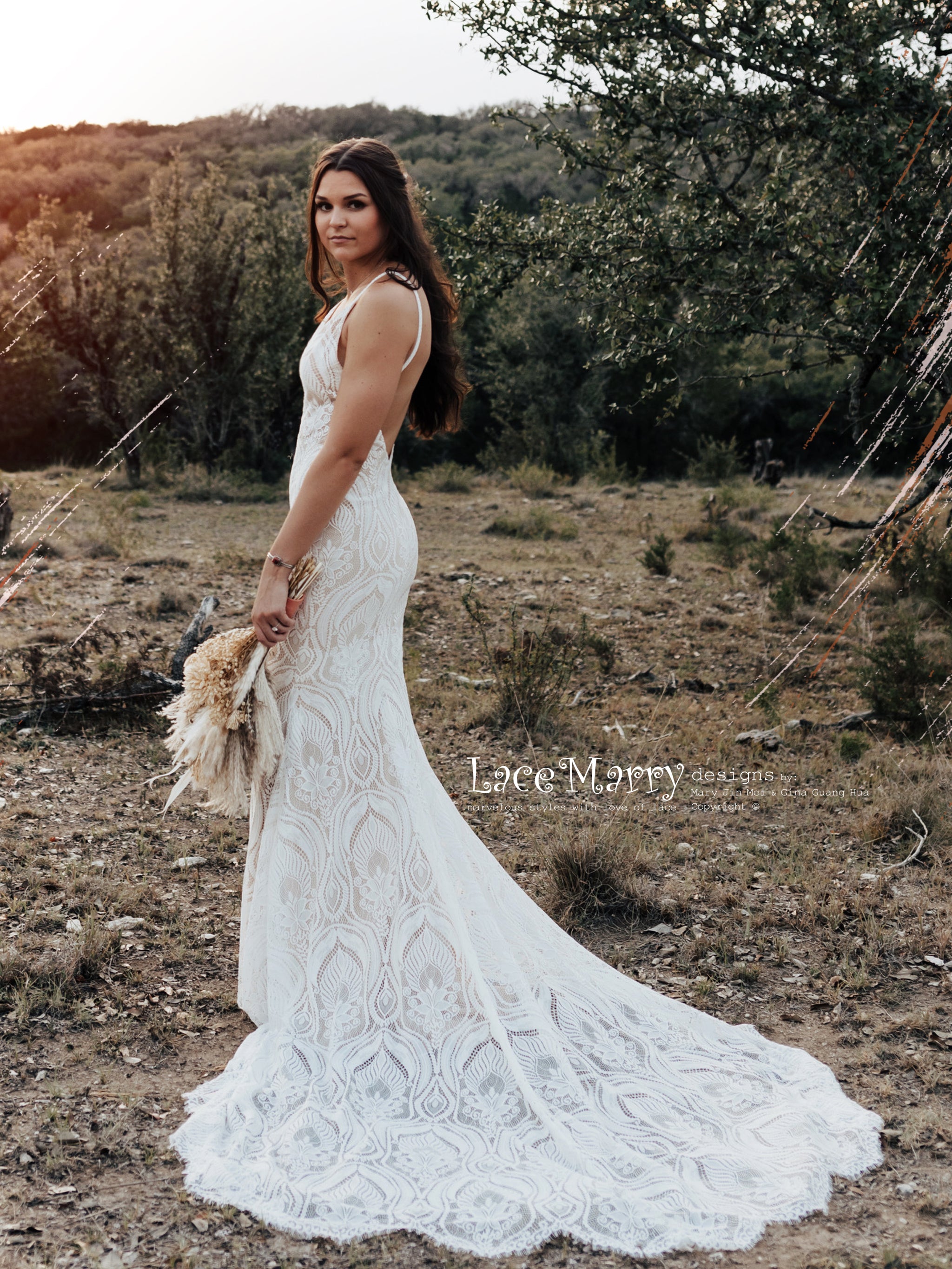 KAILEY / Lace Boho Wedding Dress with Deep V Neck - LaceMarry