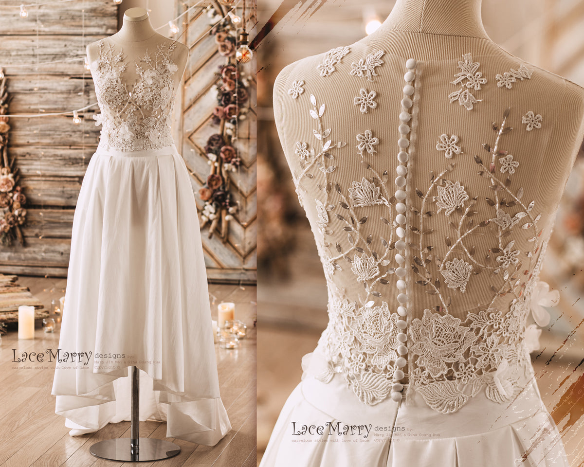 Flowy Country Off The Shoulder Lace Boho Wedding Dress with 3D Floral  Applique - June Bridals