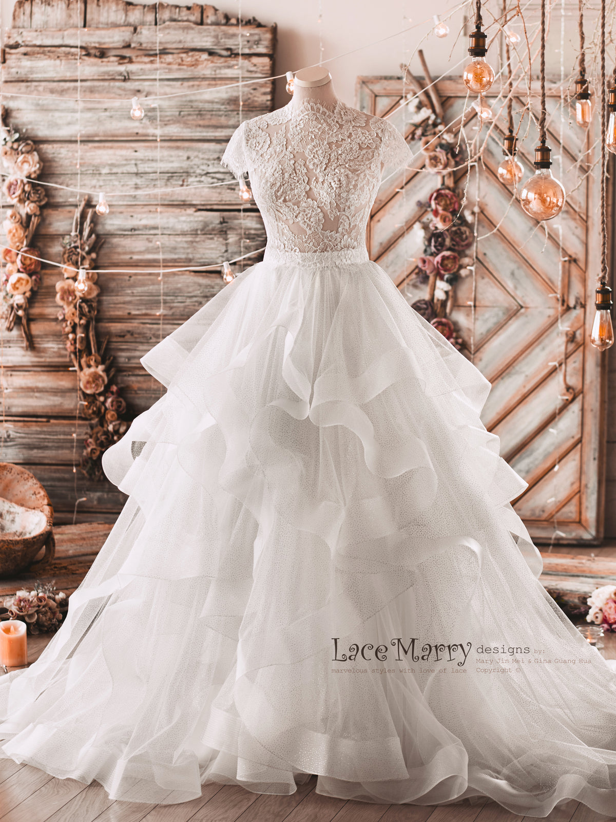 Custom Bridal Lace Top with Cap Sleeves and High Collar - LaceMarry