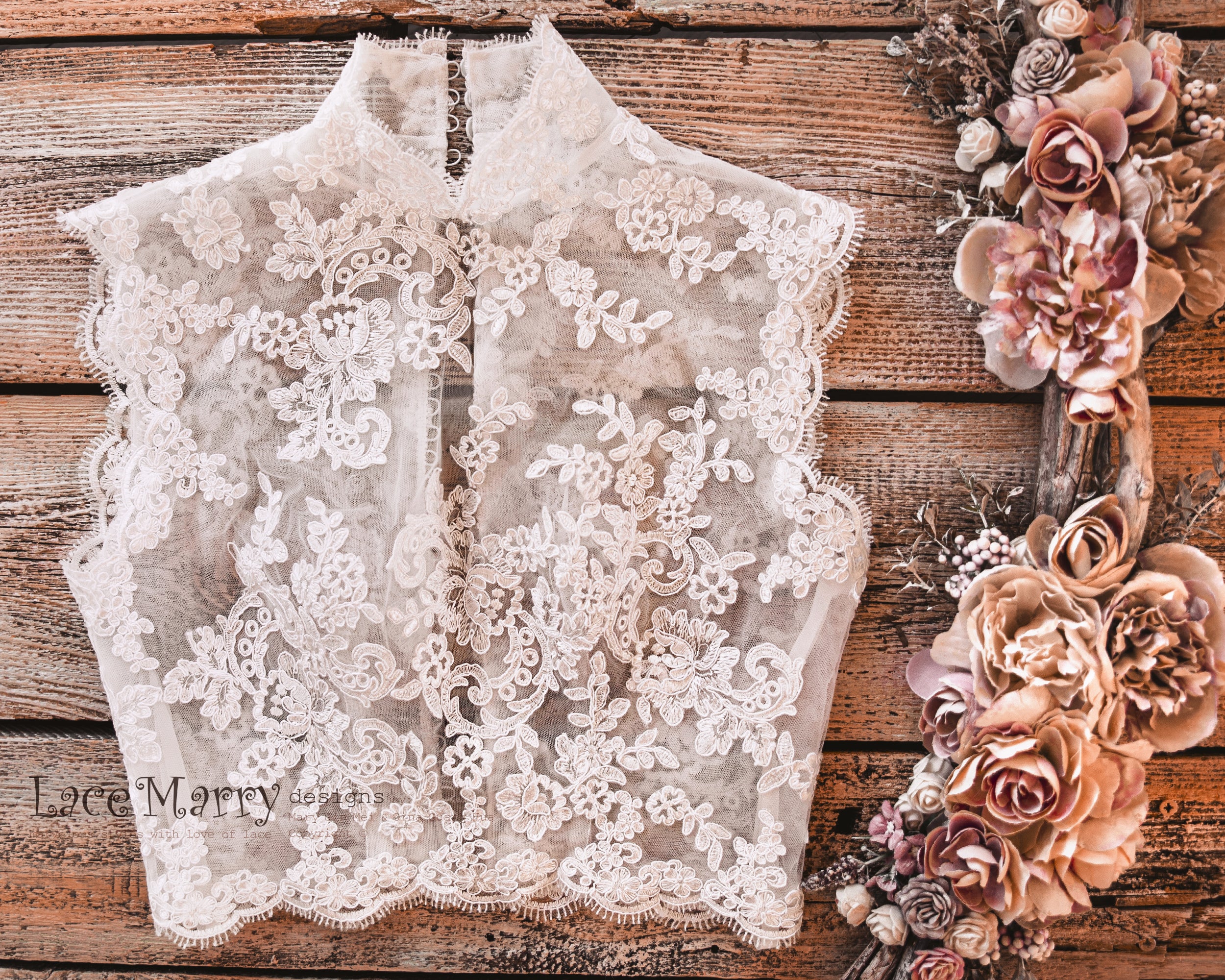 White Lace Bridal Crop Top, Halter Neck Lace Top for Wedding