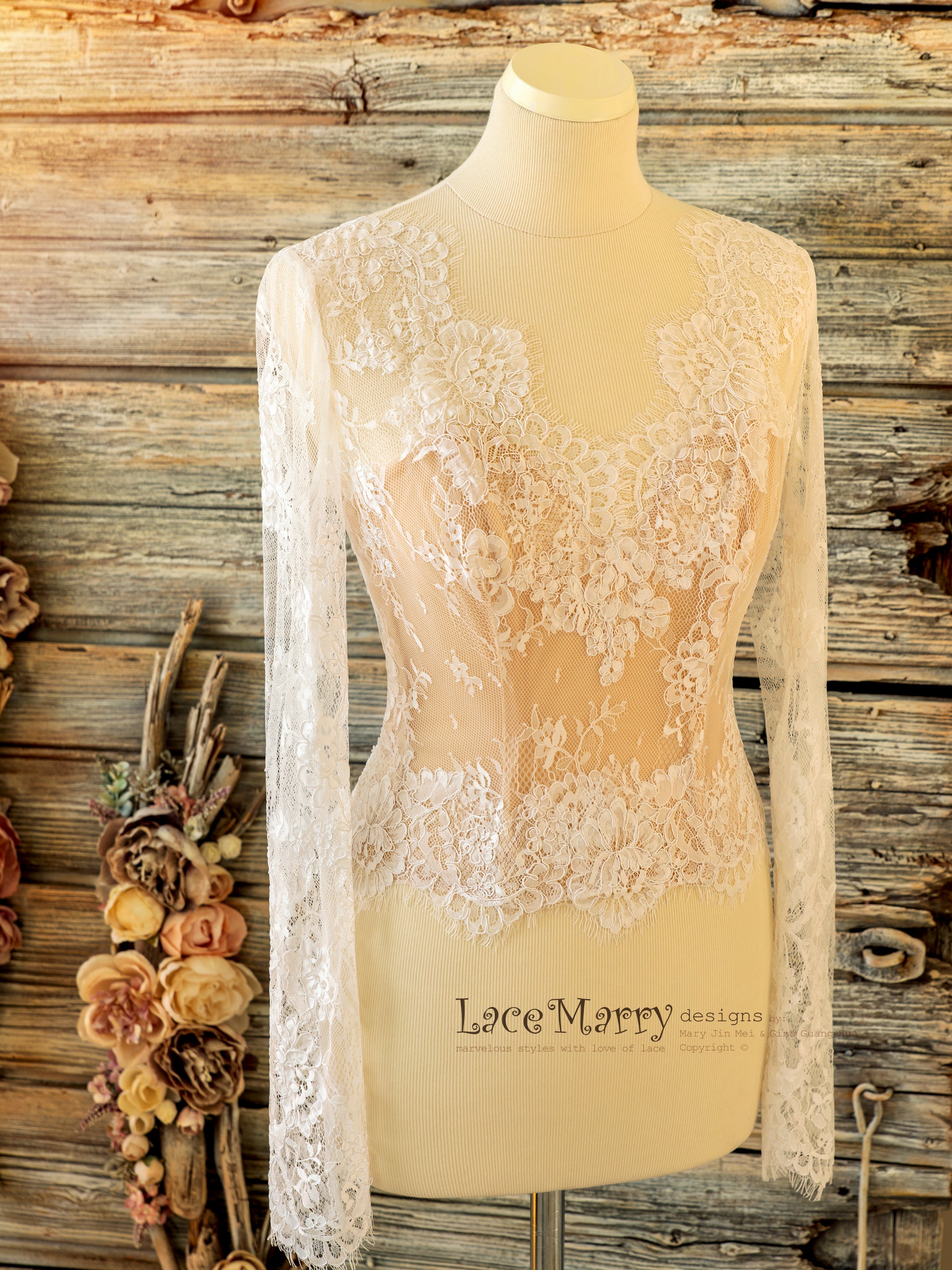 Lace Bodysuit, Wedding Separates, Longsleeve Lace Blouse, Bridal