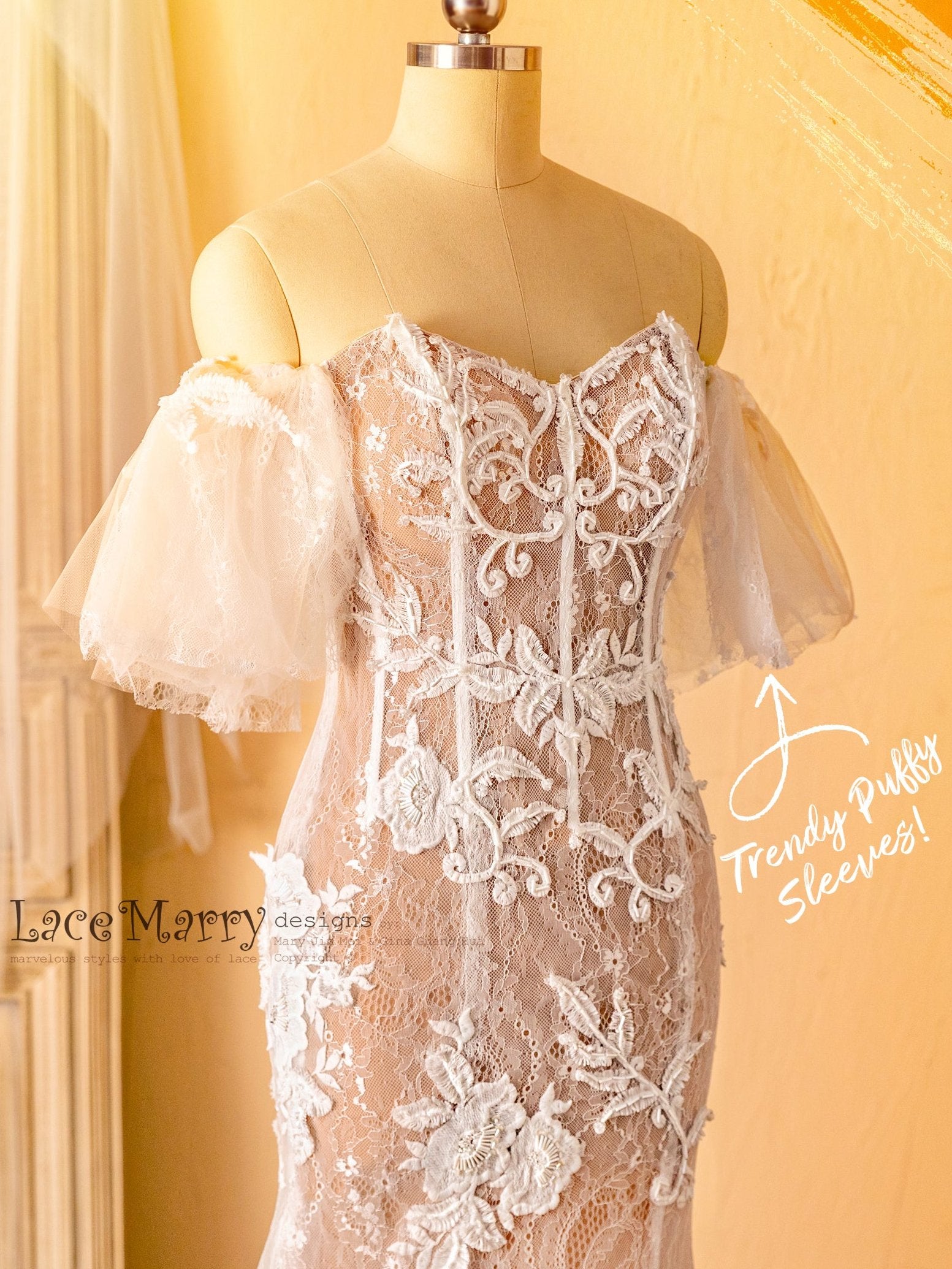 Puffy Sleeves Wedding Dress with Amazing Lace Detail