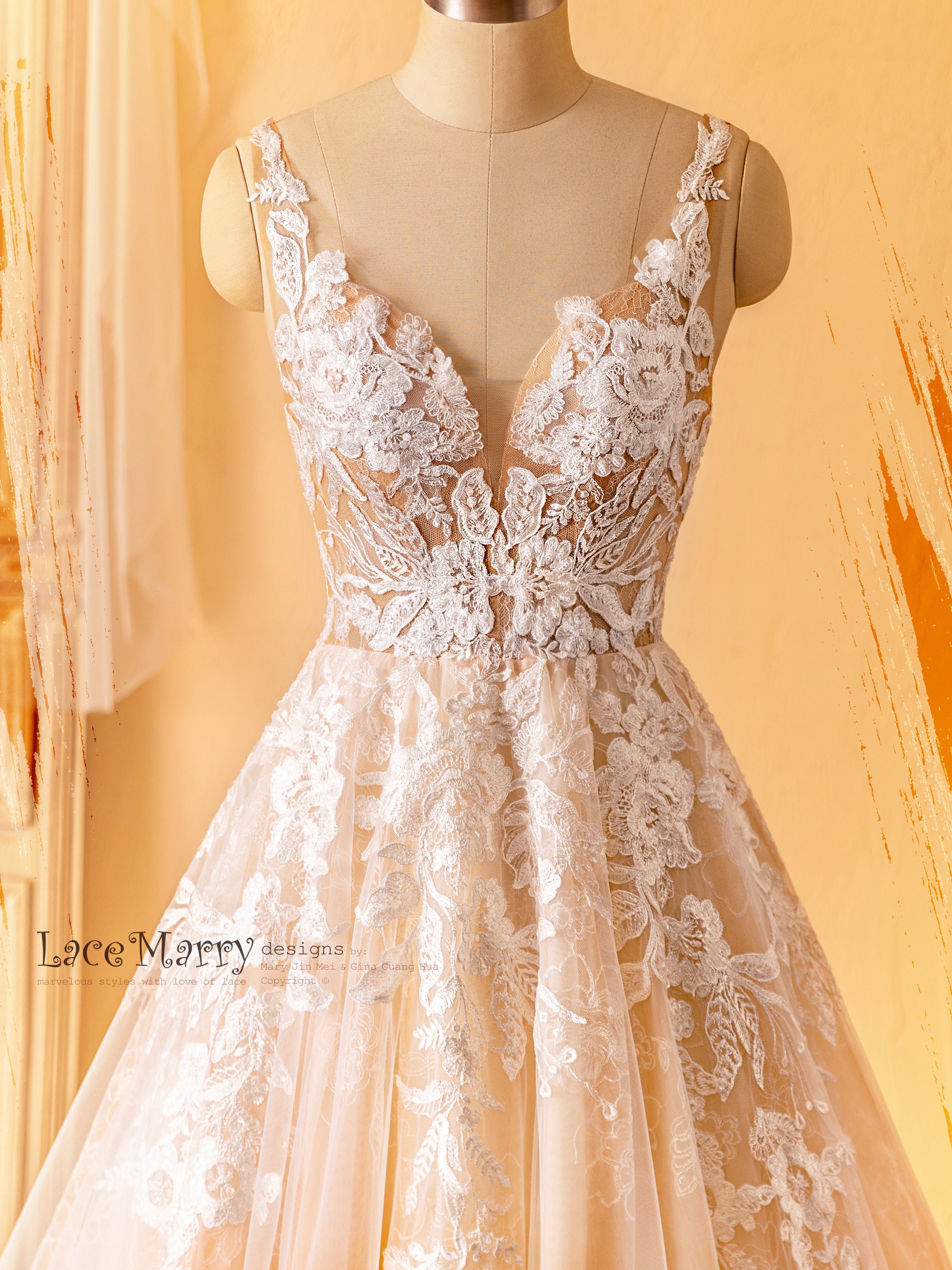 CELINE / Enchanting Lace Wedding Dress with Flower Embroidery