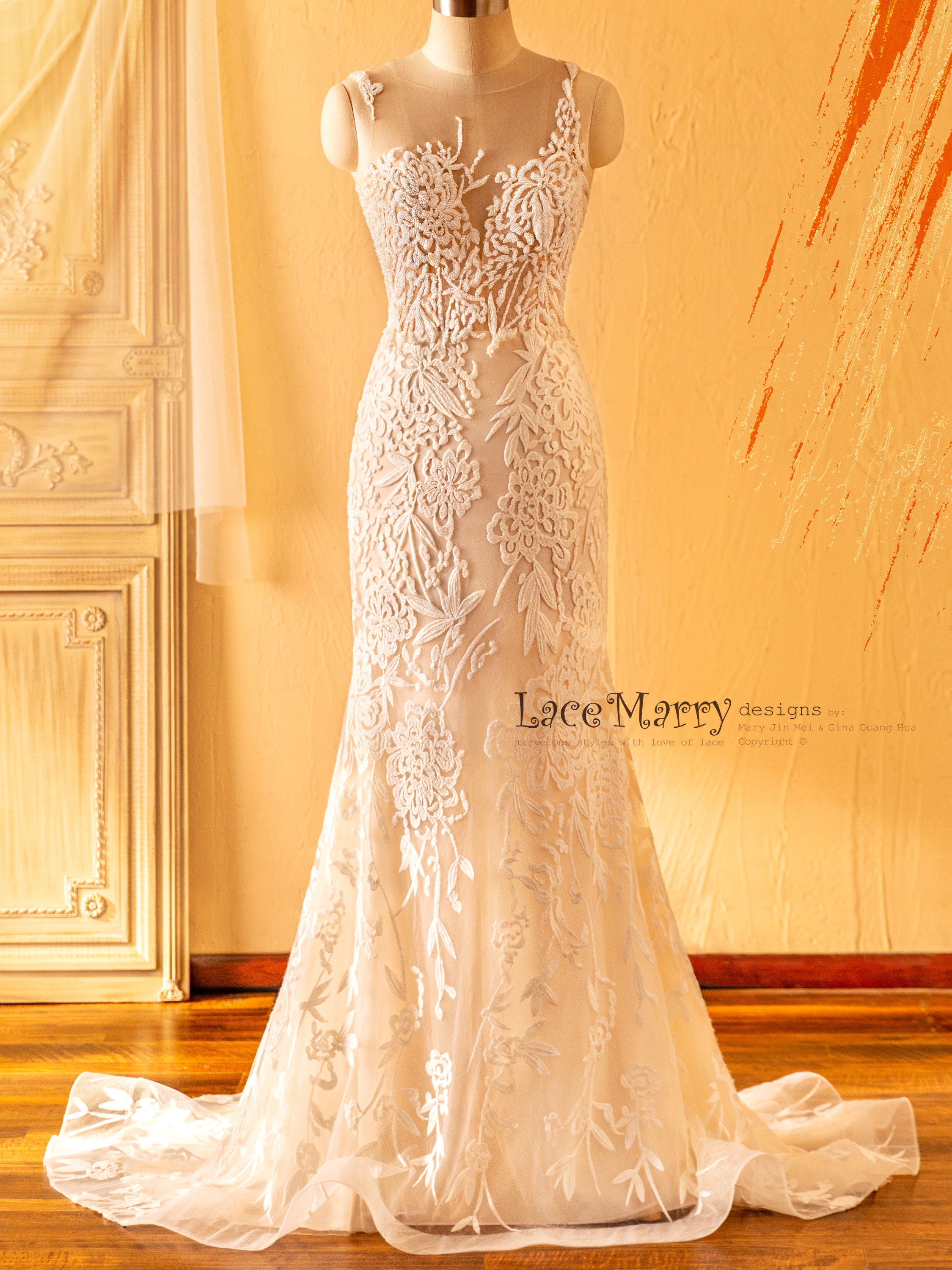 Strapless Mermaid Wedding Gown with Gold Lace