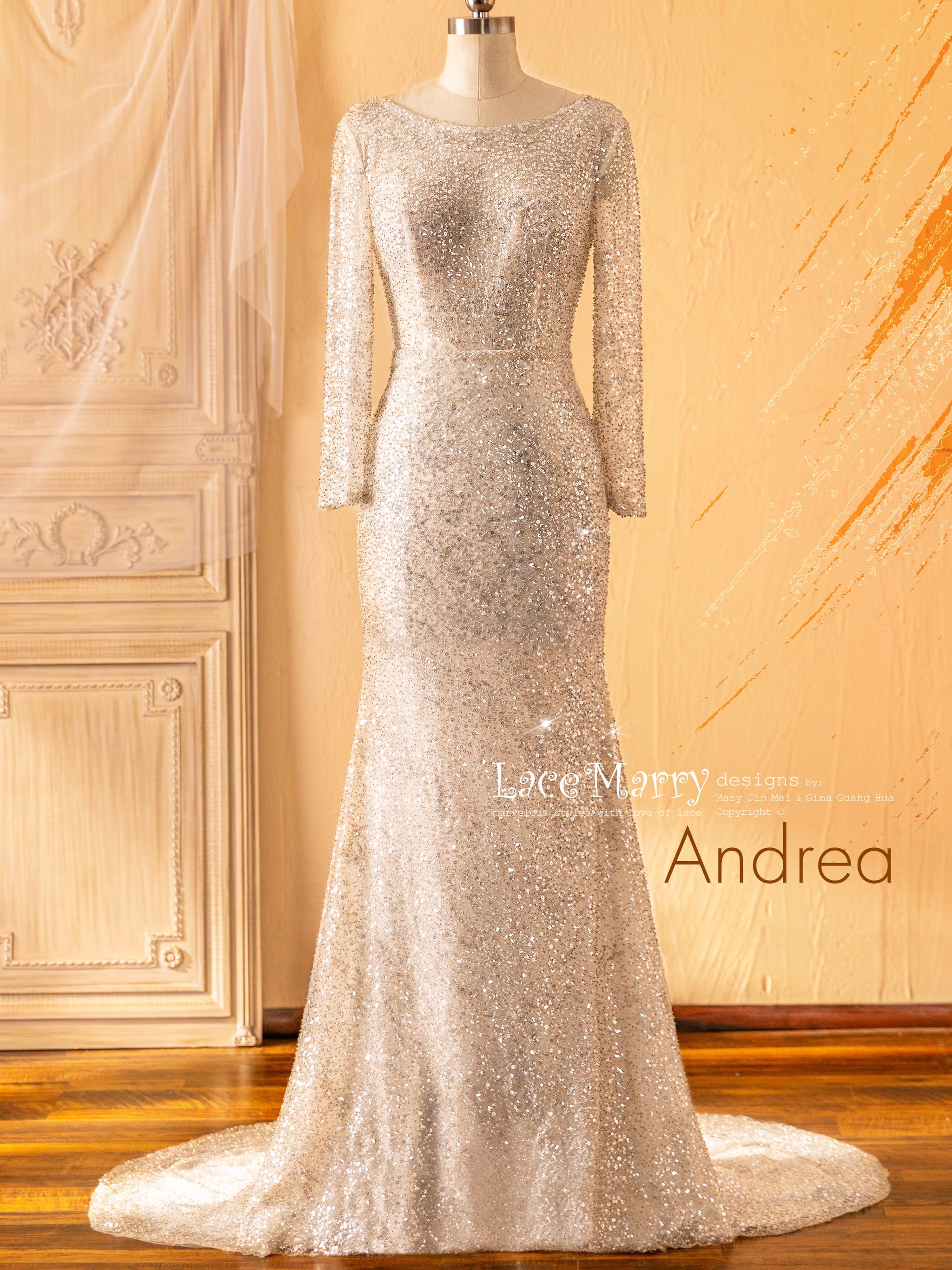 ANDREA / Long Sleeve Sparkling Sequin Wedding Dress with Open Back