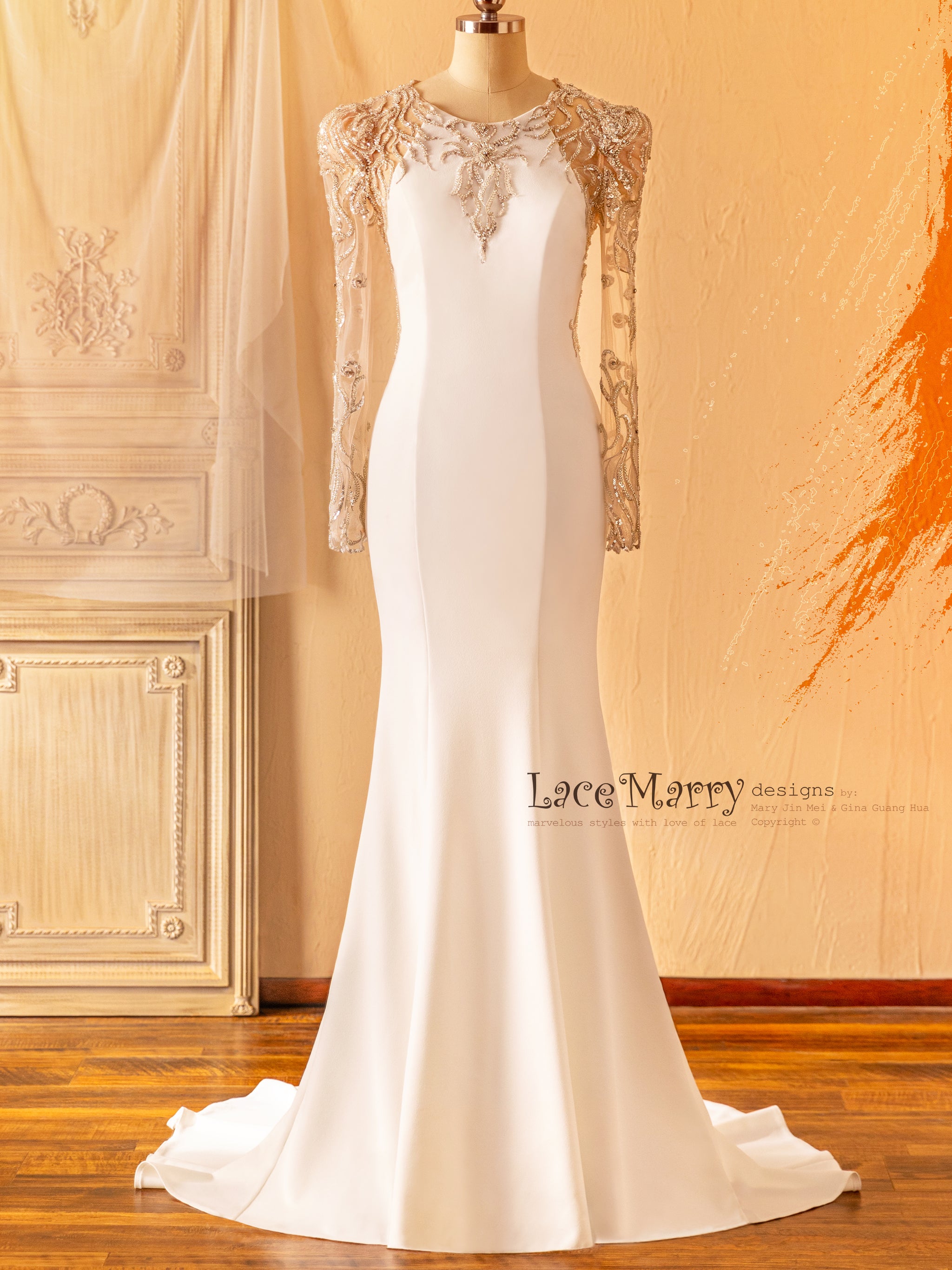 ANZU / Sophisticated Fitted Wedding Dress with Puff Shoulder Sleeves -  LaceMarry