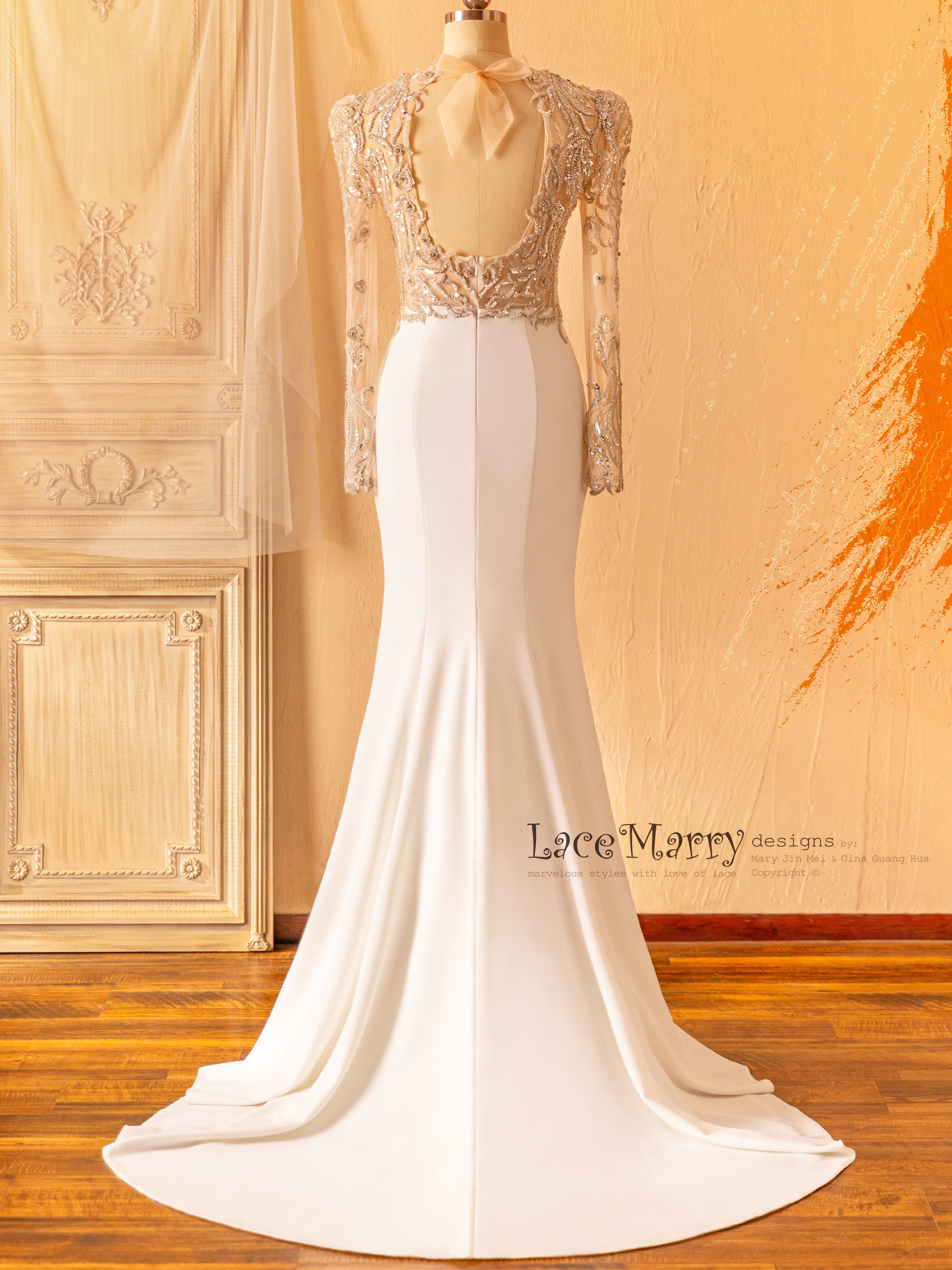 ANZU / Sophisticated Fitted Wedding Dress with Puff Shoulder Sleeves -  LaceMarry