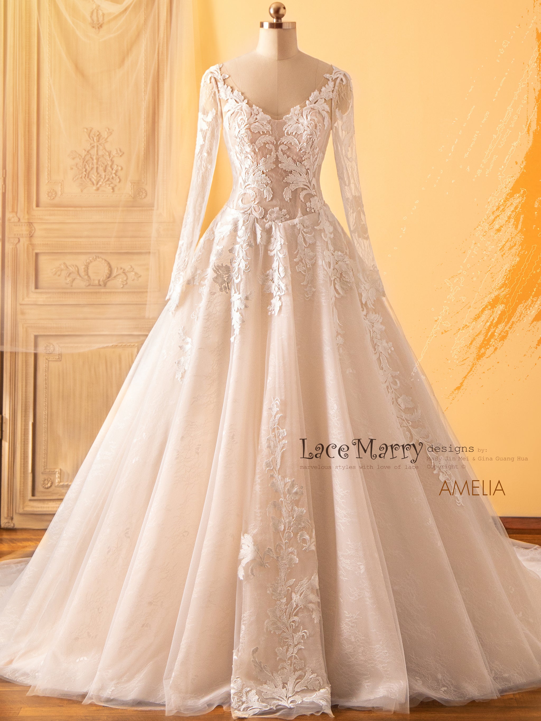 Off-Shoulder Lace Wedding Dress with Long Sleeves - LaceMarry