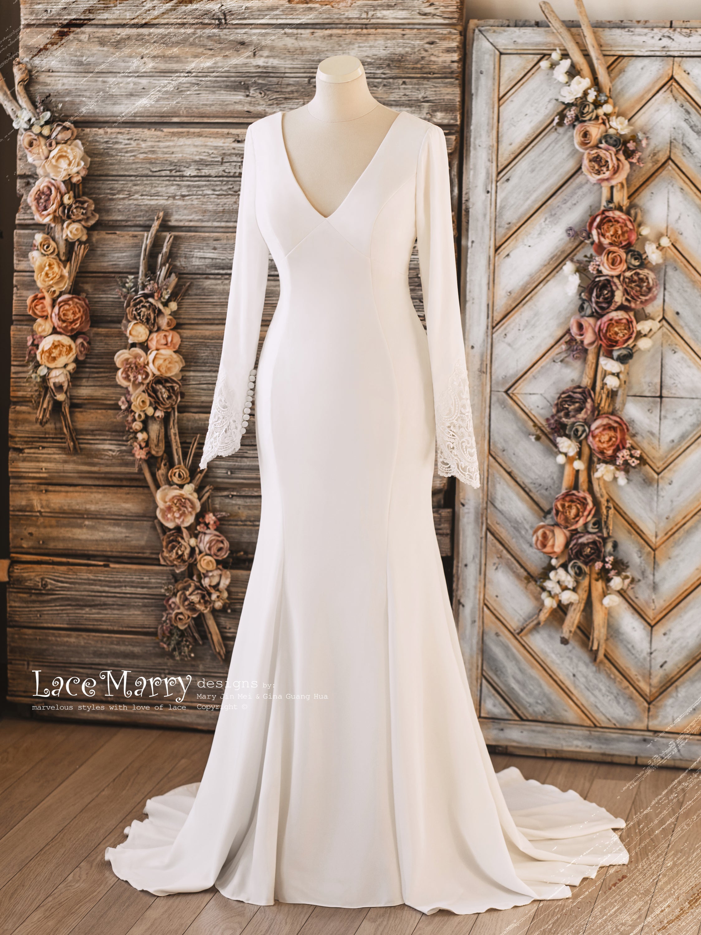 VANESSA / Plain Wedding Dress with Long Sleeves and Illusion Back -  LaceMarry