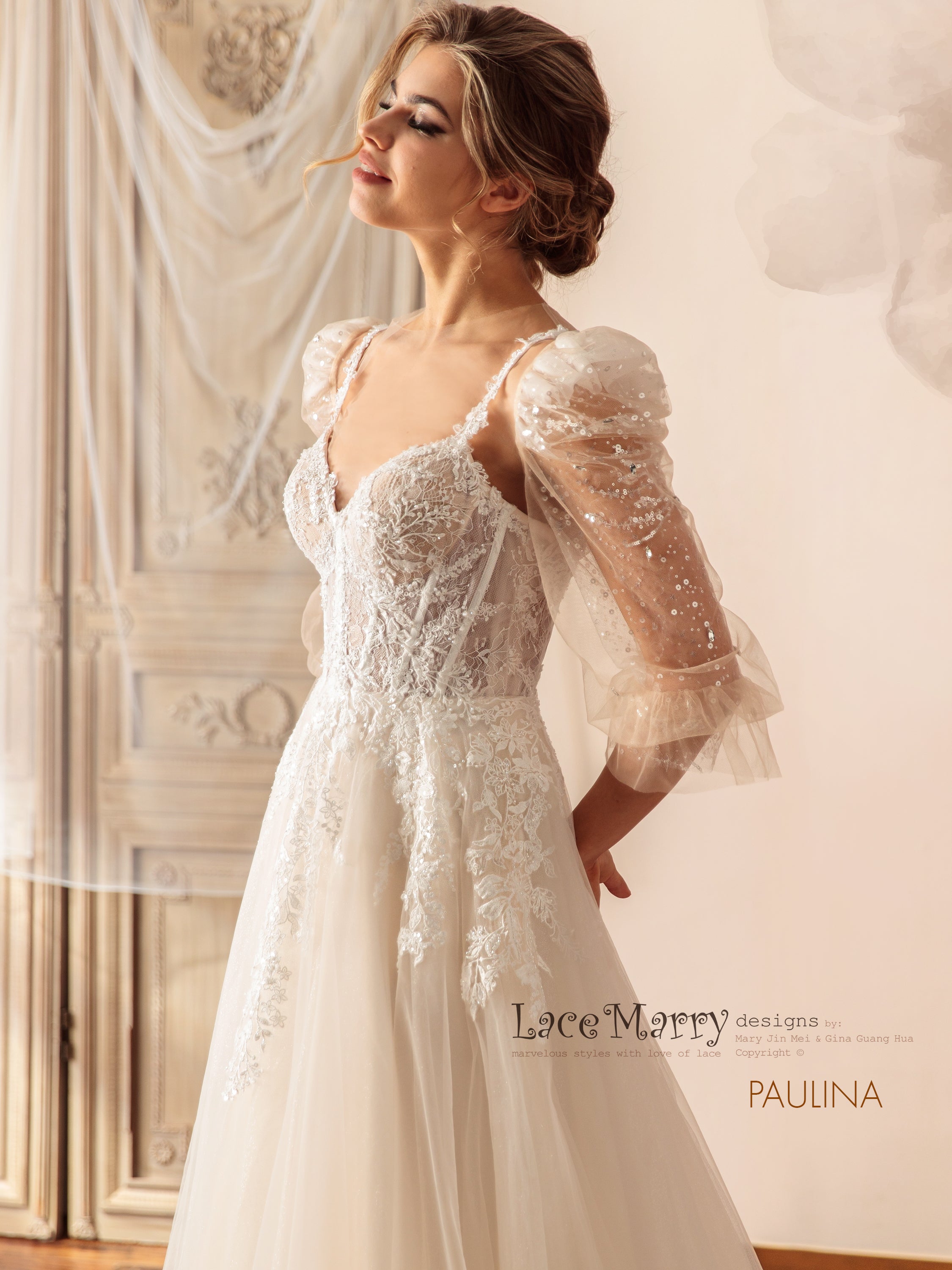 PAULINA / Transformer Wedding Dress with Removable Bolero - LaceMarry