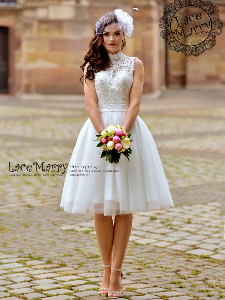 1950's Inspired Short Wedding Dress Designed with 3D Flower Appliqués -  LaceMarry