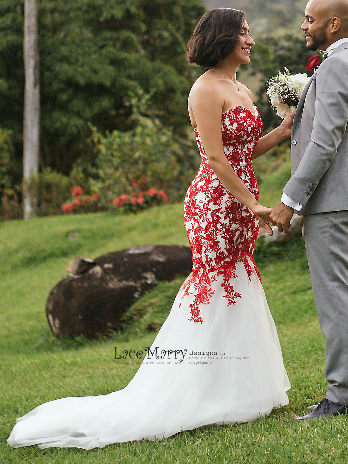 Red Lace Wedding Dress with Ivory Tulle, Strapless Sweetheart Neckline -  LaceMarry