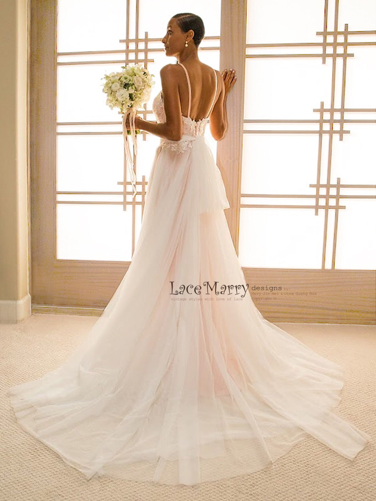 Rose Gold Beach Wedding Dress from Lace and Soft Tulle - LaceMarry
