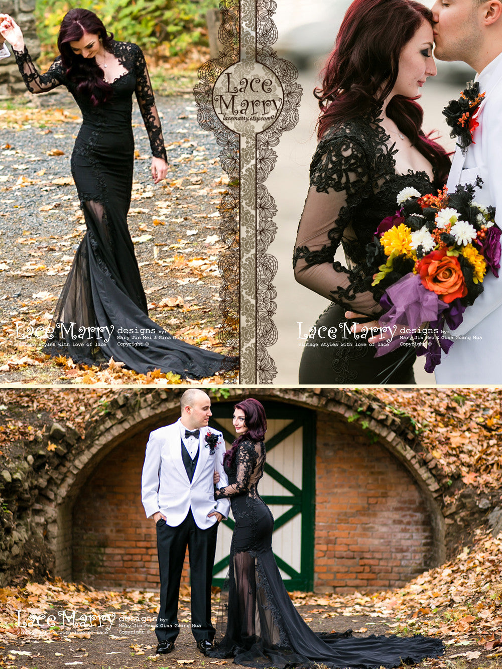 Two-piece Black Lace Illusion Long Sleeve Prom Gown - VQ