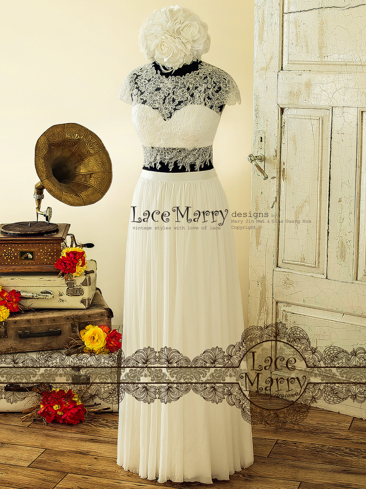Two Piece Wedding Dress Set - Lace Crop Top with Round Neckline - LaceMarry