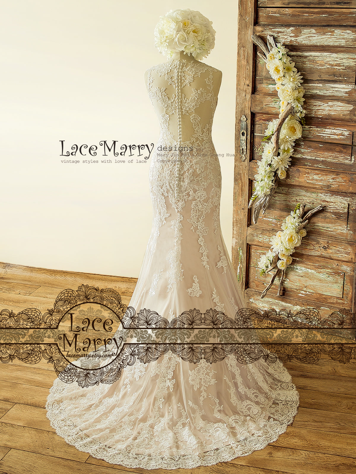 Incredible Blush Wedding Dress from Ivory Lace Flower Appliques