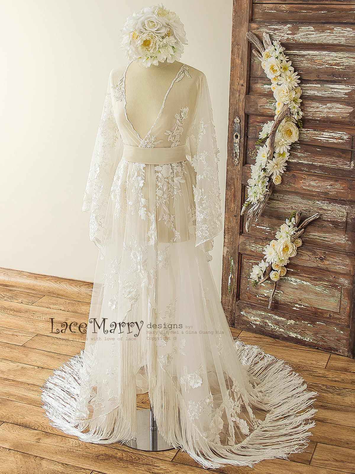 Bohemian Lace Wedding Dress with Ivory 3D Appliqué in Kaftan Style -  LaceMarry