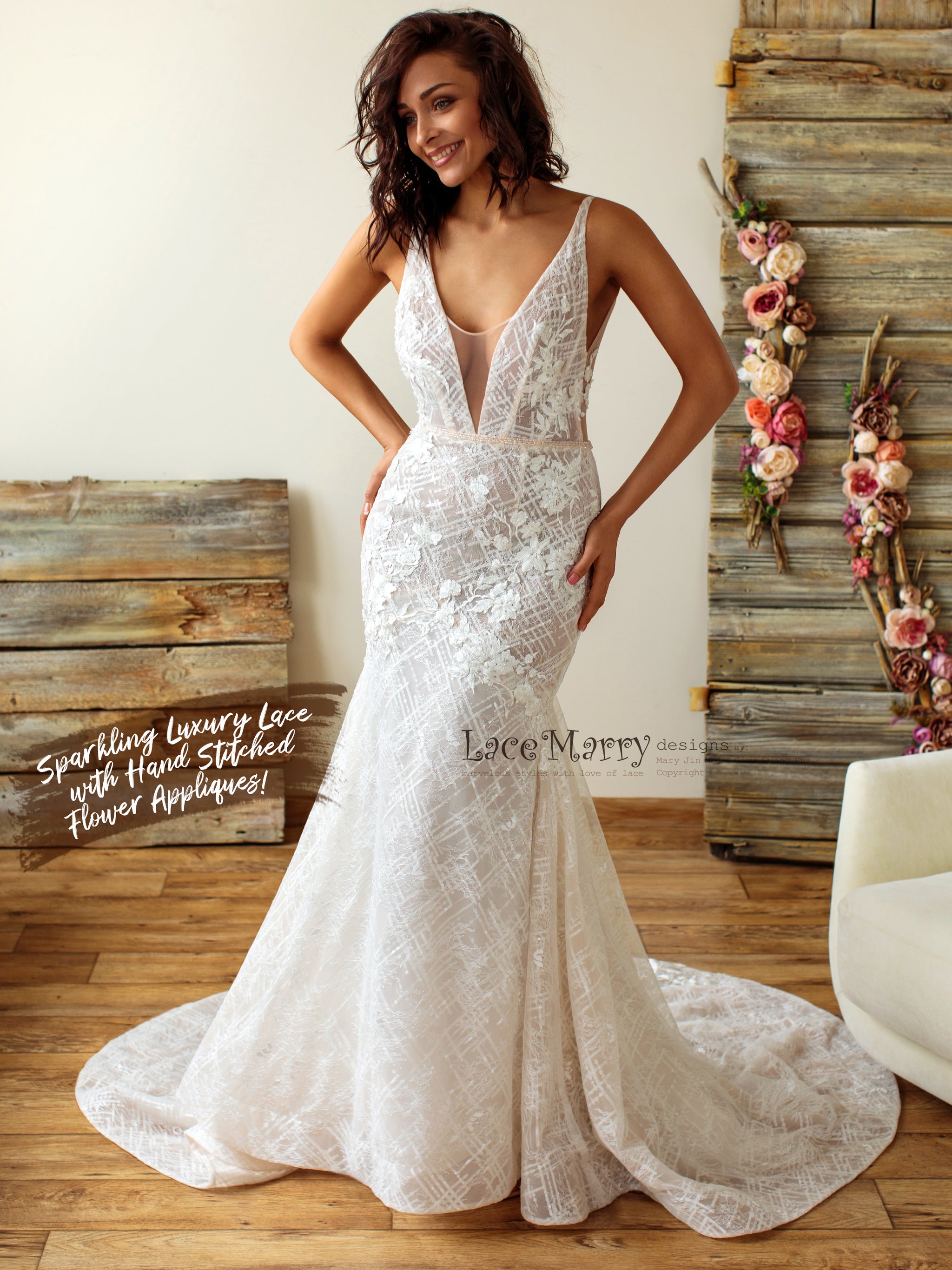 Fancy long gown with geometric designs and bustier bodice