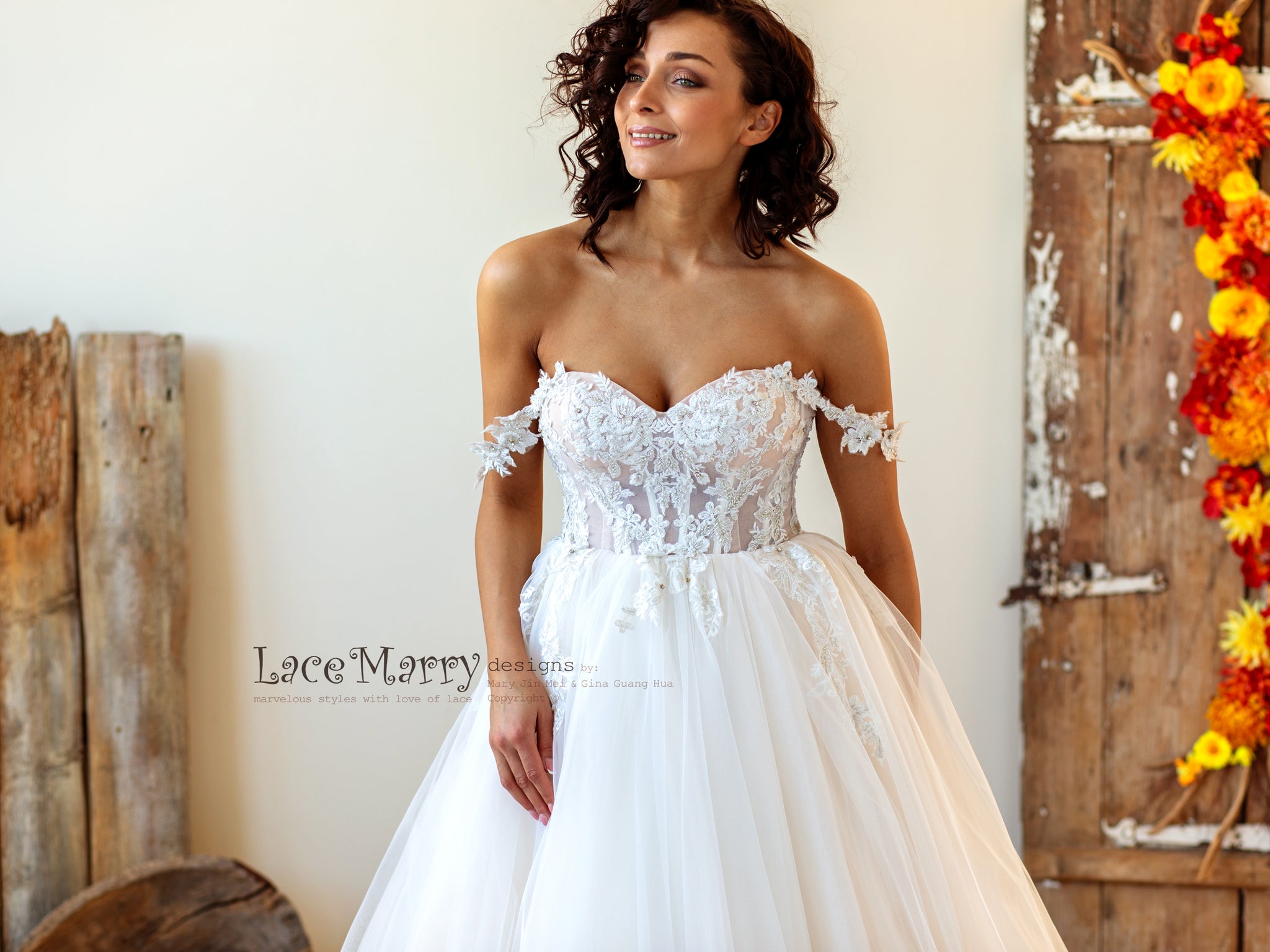 Off-shoulder Short Sleeves Lace Ball Gown Wedding Dress - VQ