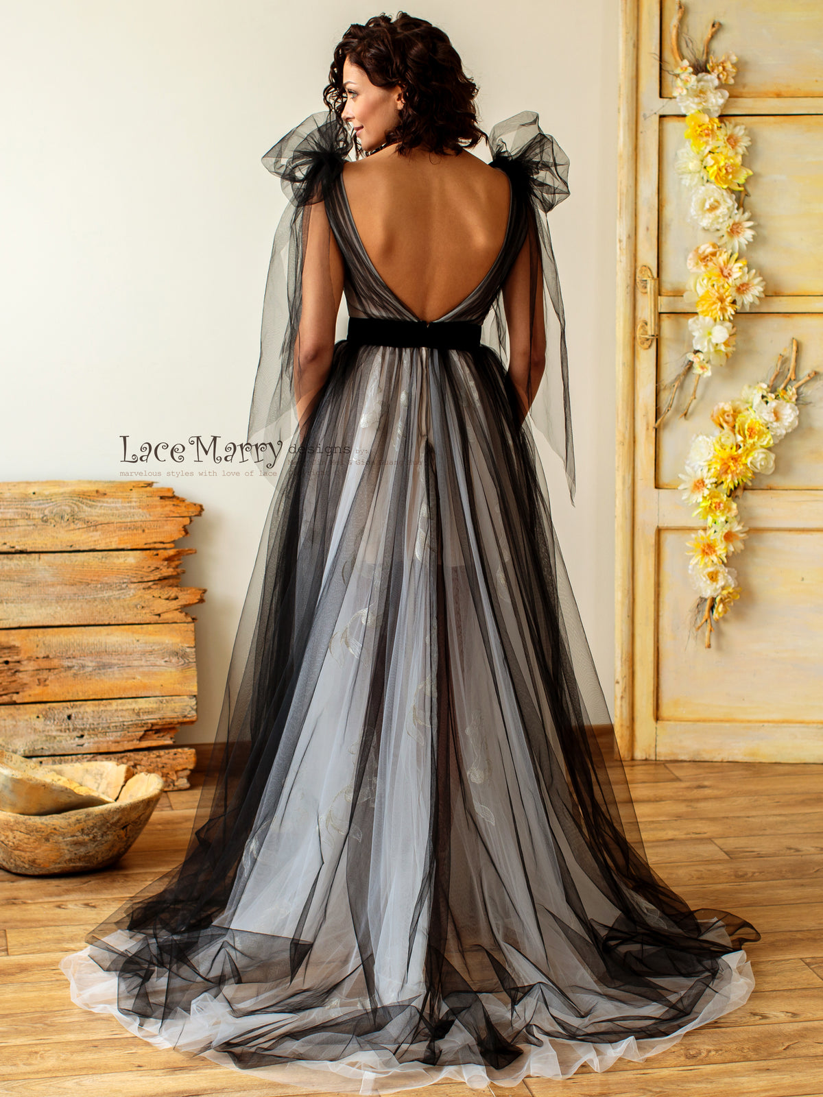 Simple Wedding Dress, Boho Wedding Dress, off White Black Wedding Gown,  Spaghetti Strap Lace, Open Transparent Back LUV-LUV 