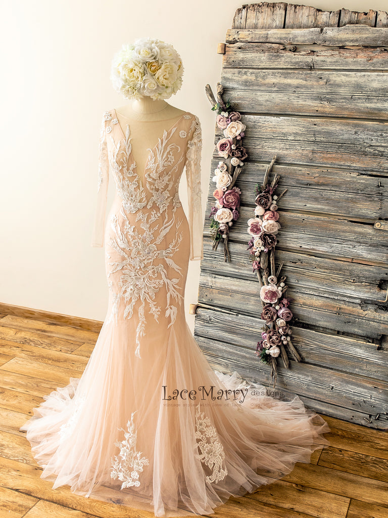 White Lace Flower Beading Bra Wedding Dress – Ame_handmadesg