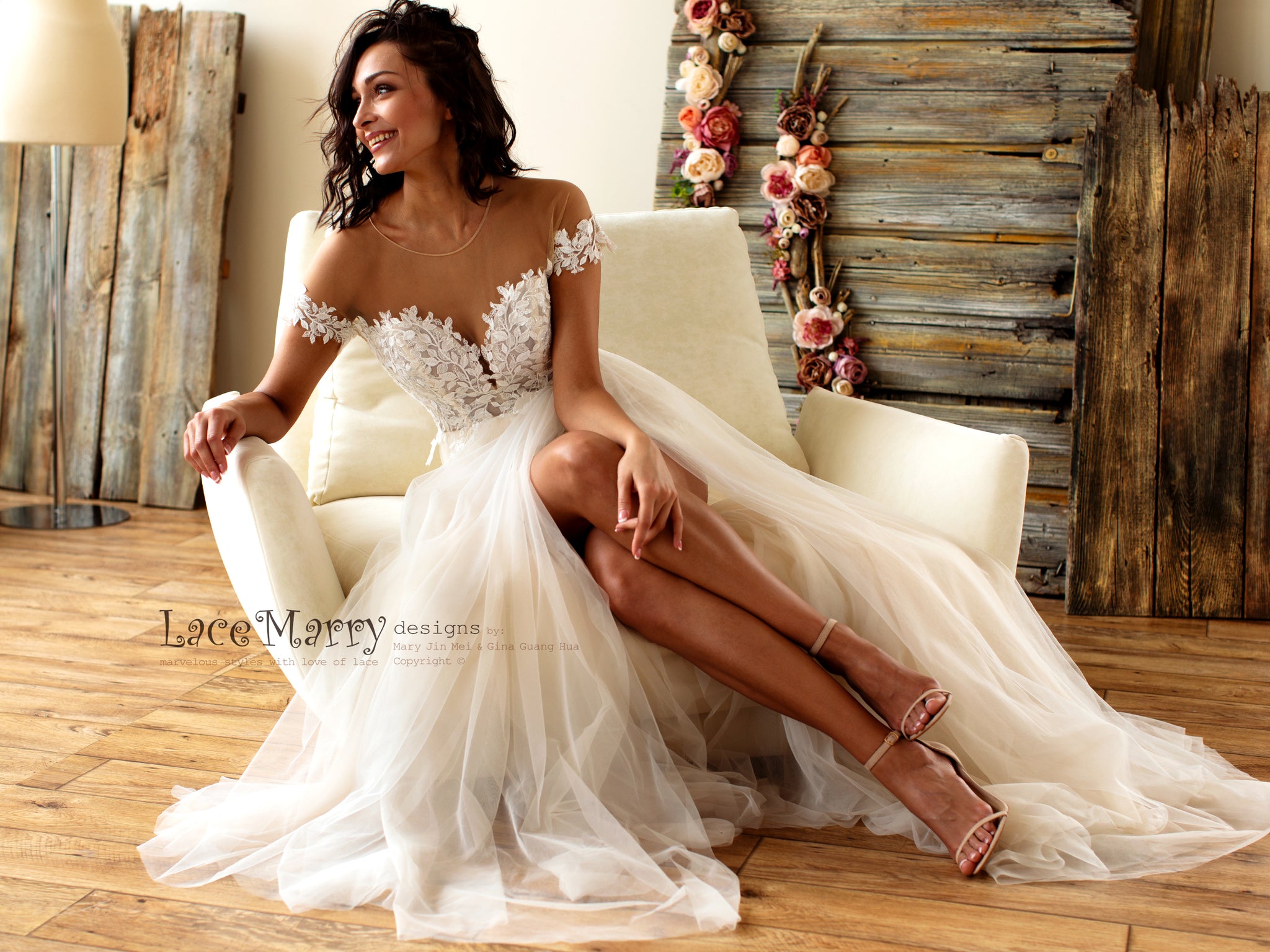 Lace Boho Wedding Dresses Plunge off the Shoulder Buttons Back Bridal Gowns  A-line Puffy Sleeves Beach Bridal Dress -  Canada