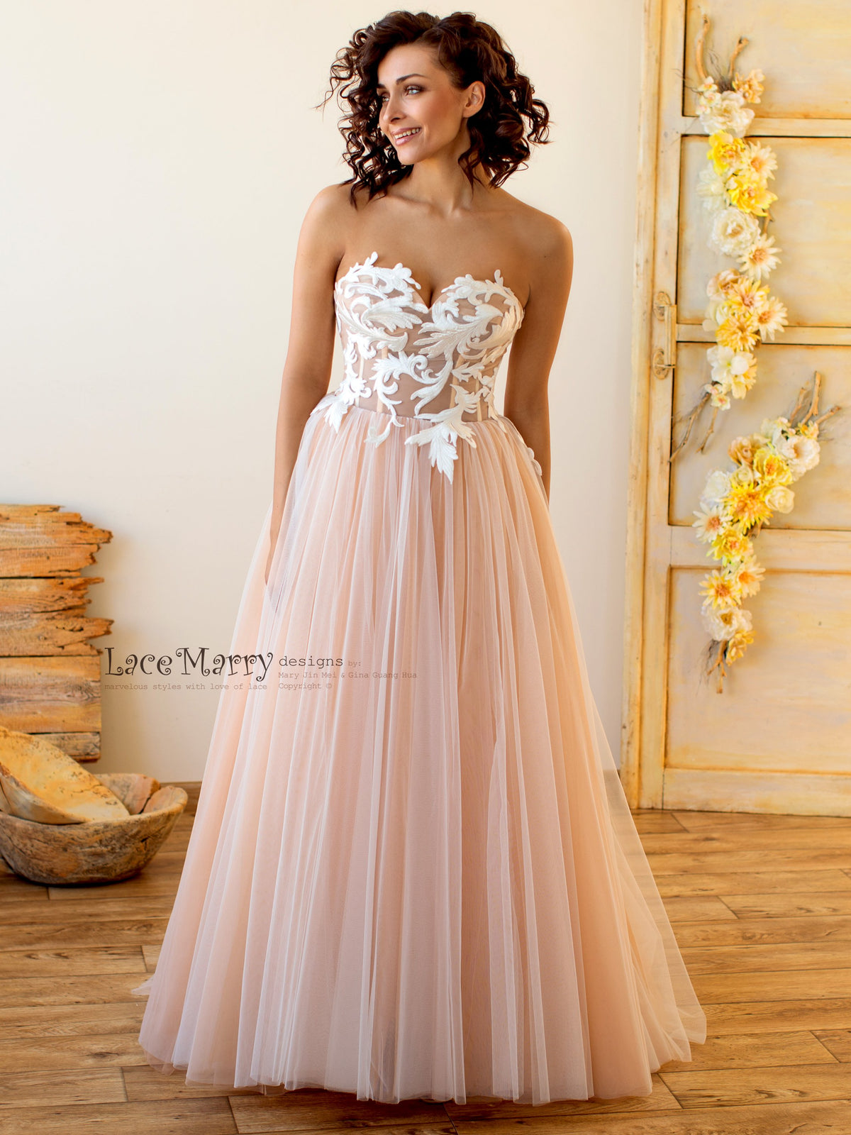 3/4 Sleeve Scalloped Lace Pastel Pink Tulle Bridal Gown - VQ