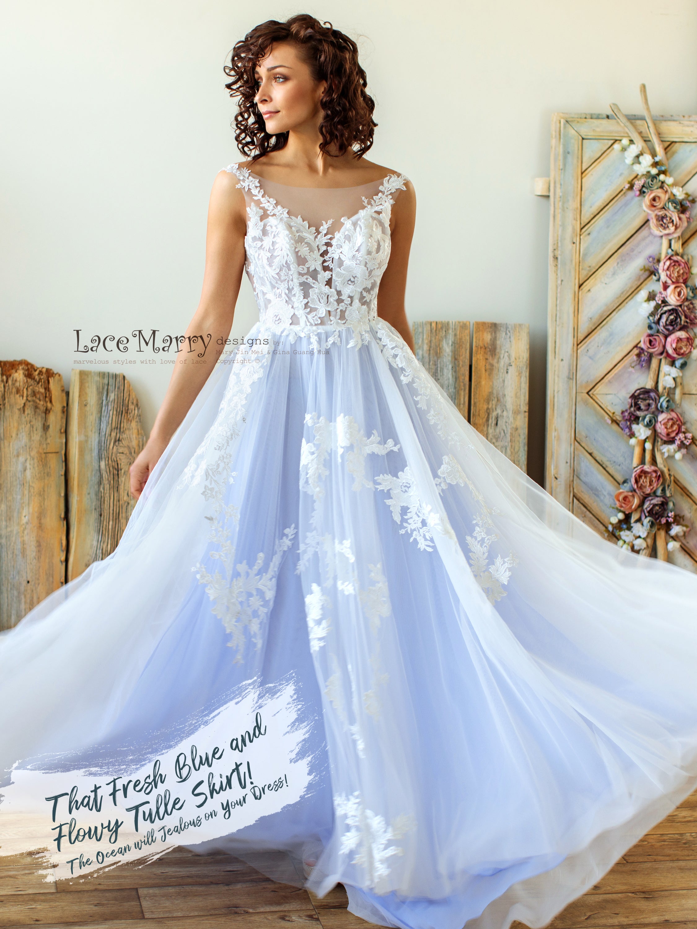 Light Blue Boho Wedding Dress With Floral Lace Applique V Back Beach  Wedding Dress Tulle Skirt Lace Wedding Dress -  Canada