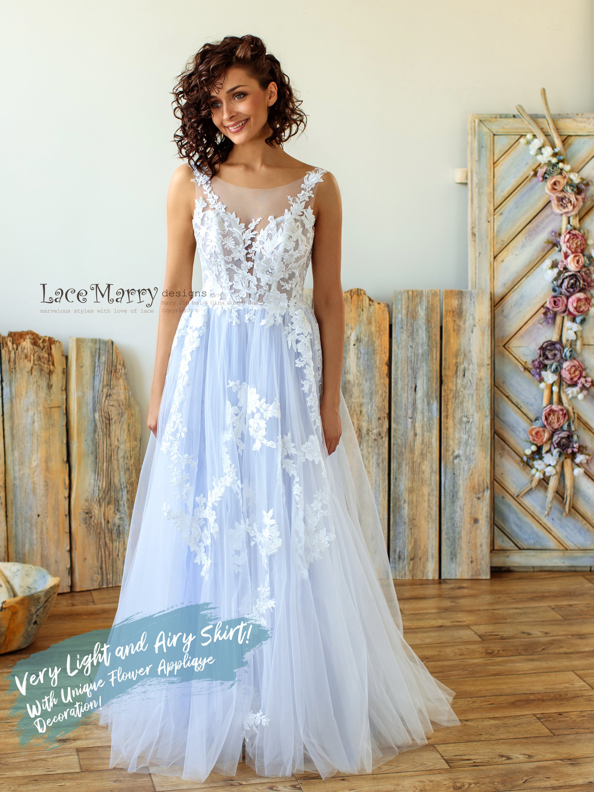 Sparkly Light Lilac Wedding Dress with Floral Appliques - LaceMarry