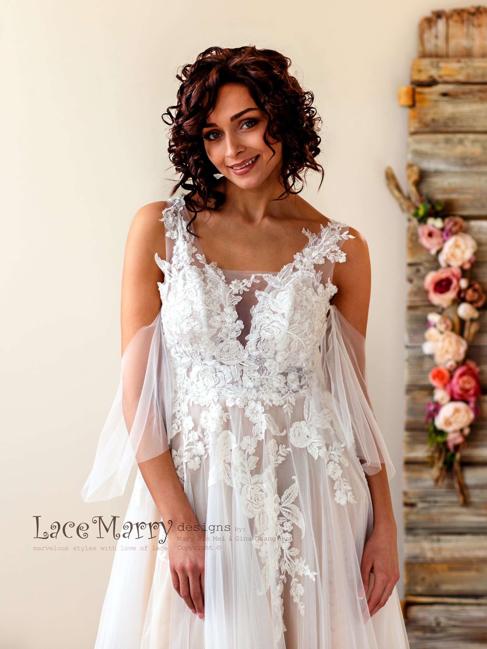 Lace Boho Wedding Dresses Plunge off the Shoulder Buttons Back