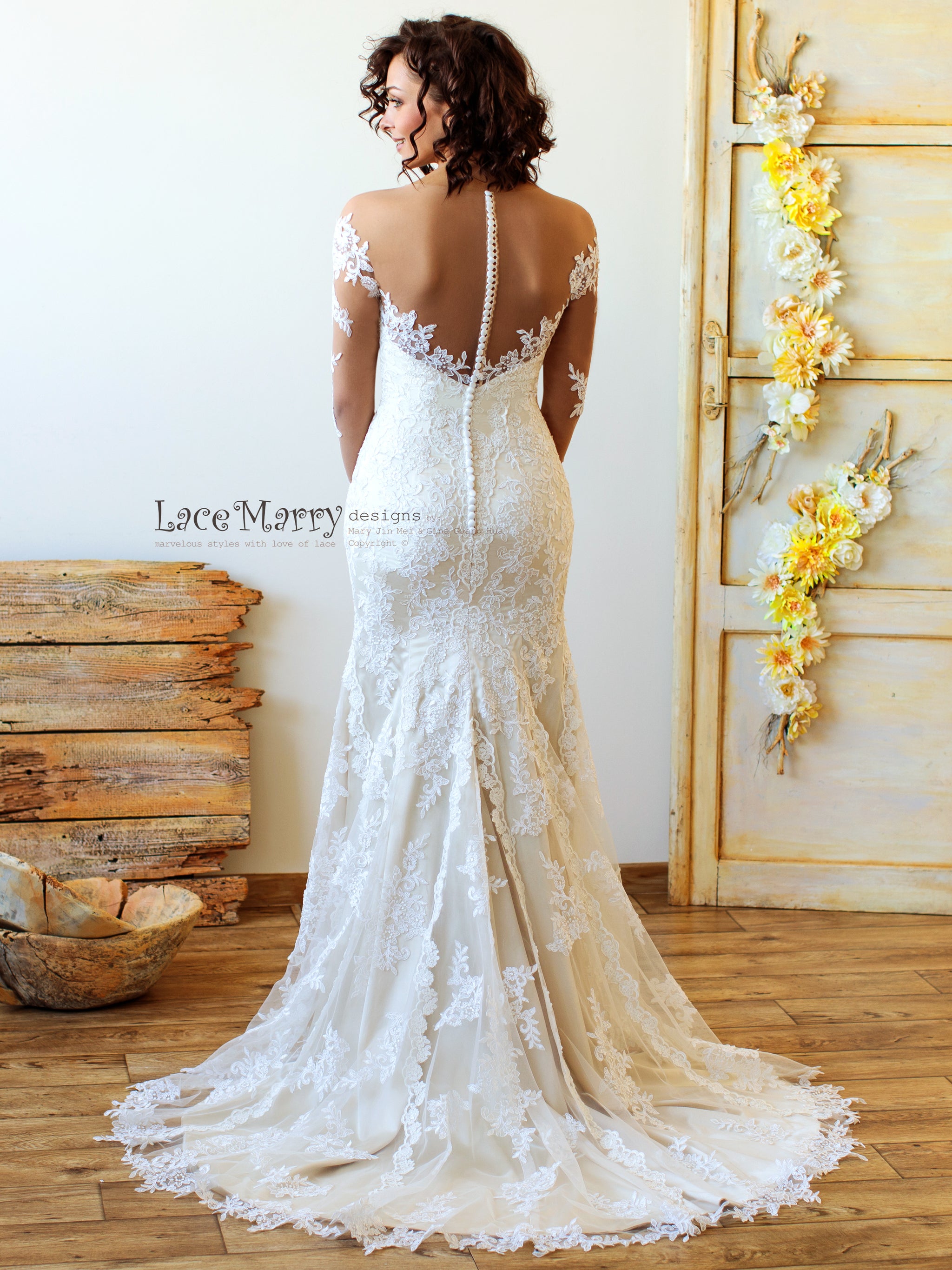 Buttoned Illusion Back Wedding Dress with Applique