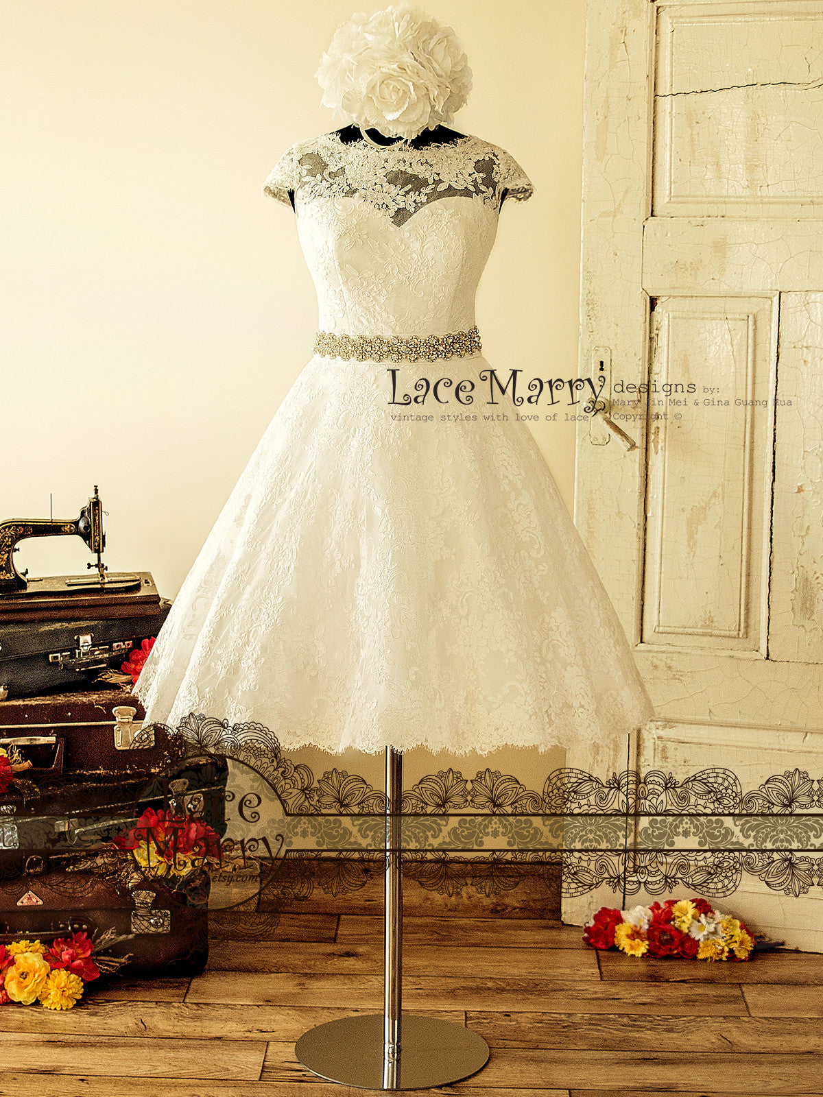 1950's Style Tea Length Wedding Dress from Alencon Lace - LaceMarry