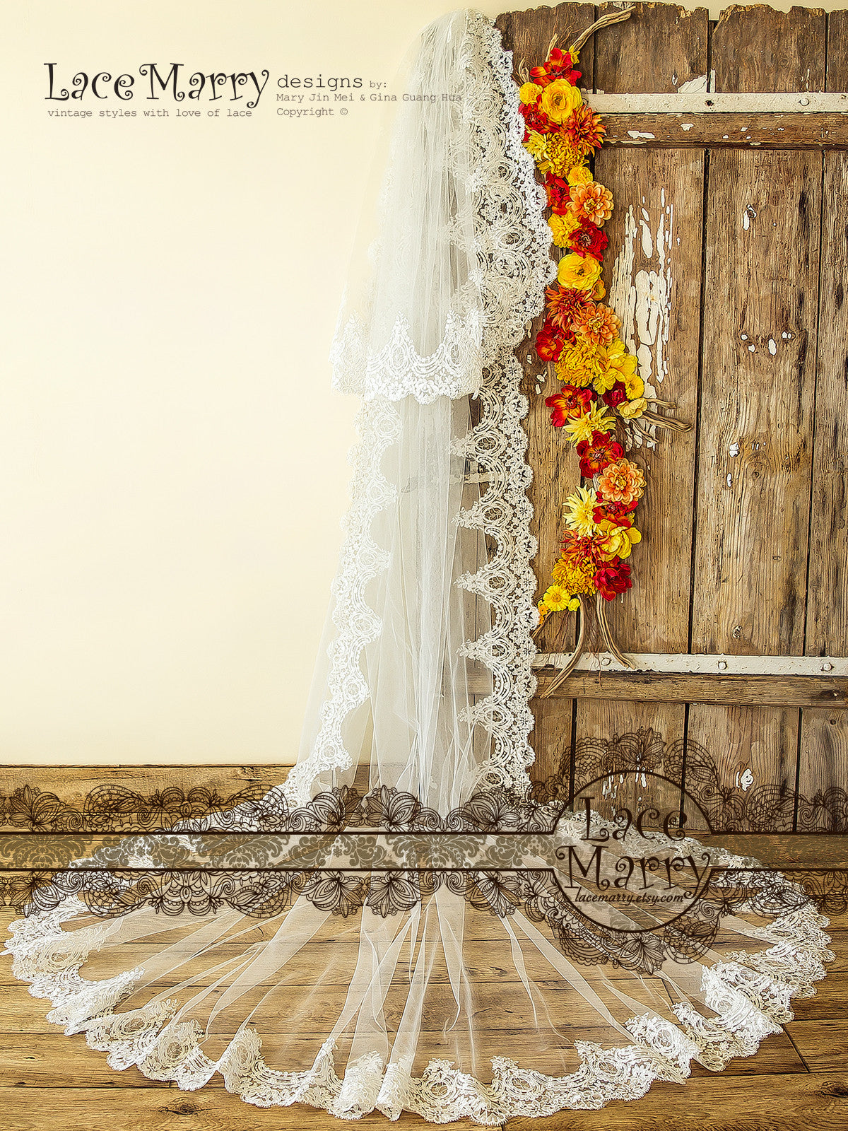 White Lace Wedding Veil Cathedral Length Veil - VQ